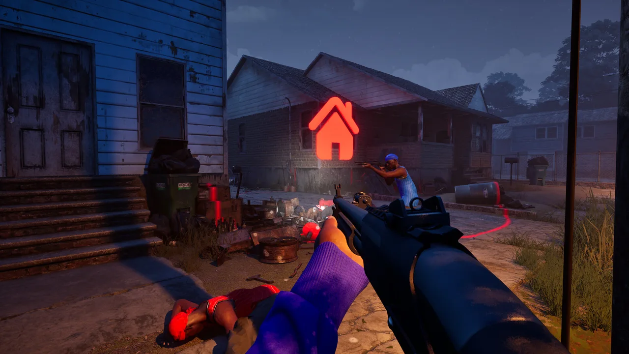 First-person street combat near a glowing red house objective marker