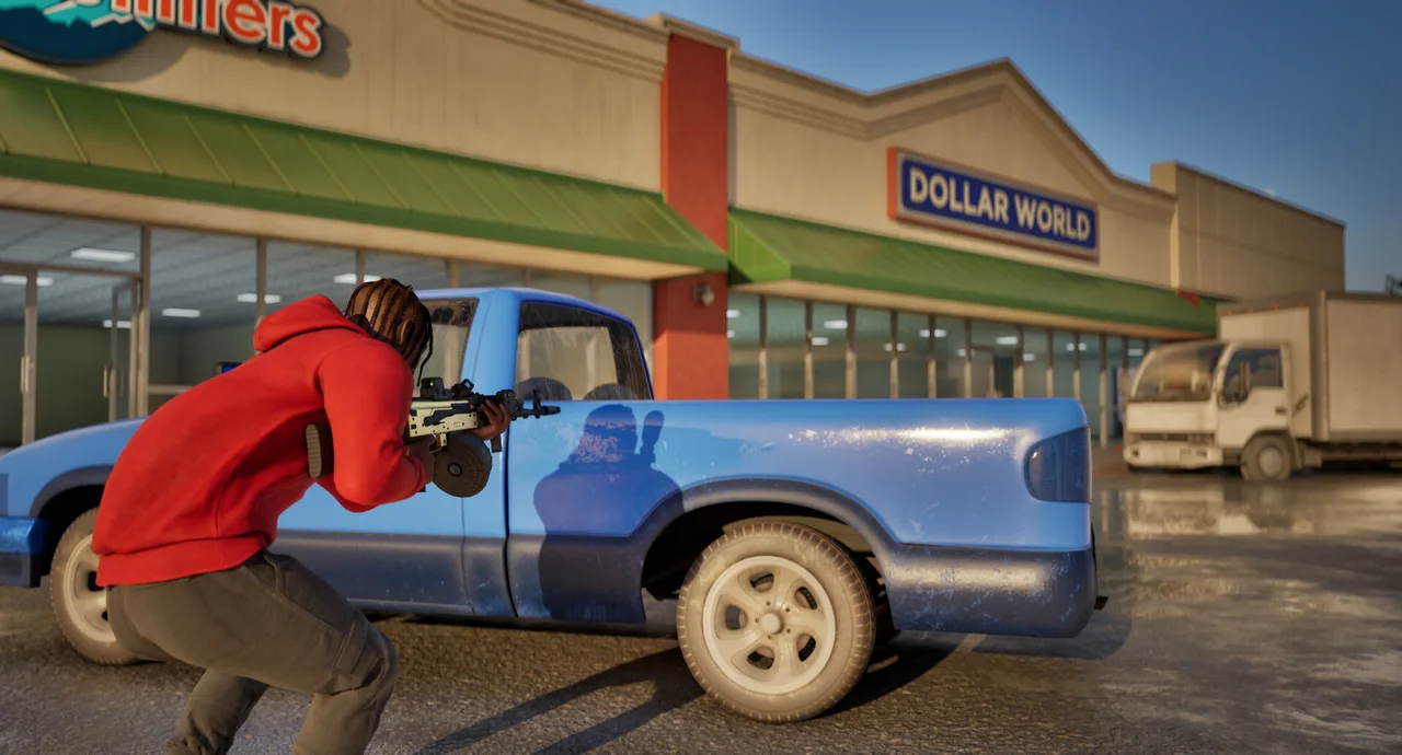 A character near a blue pickup outside a row of shops