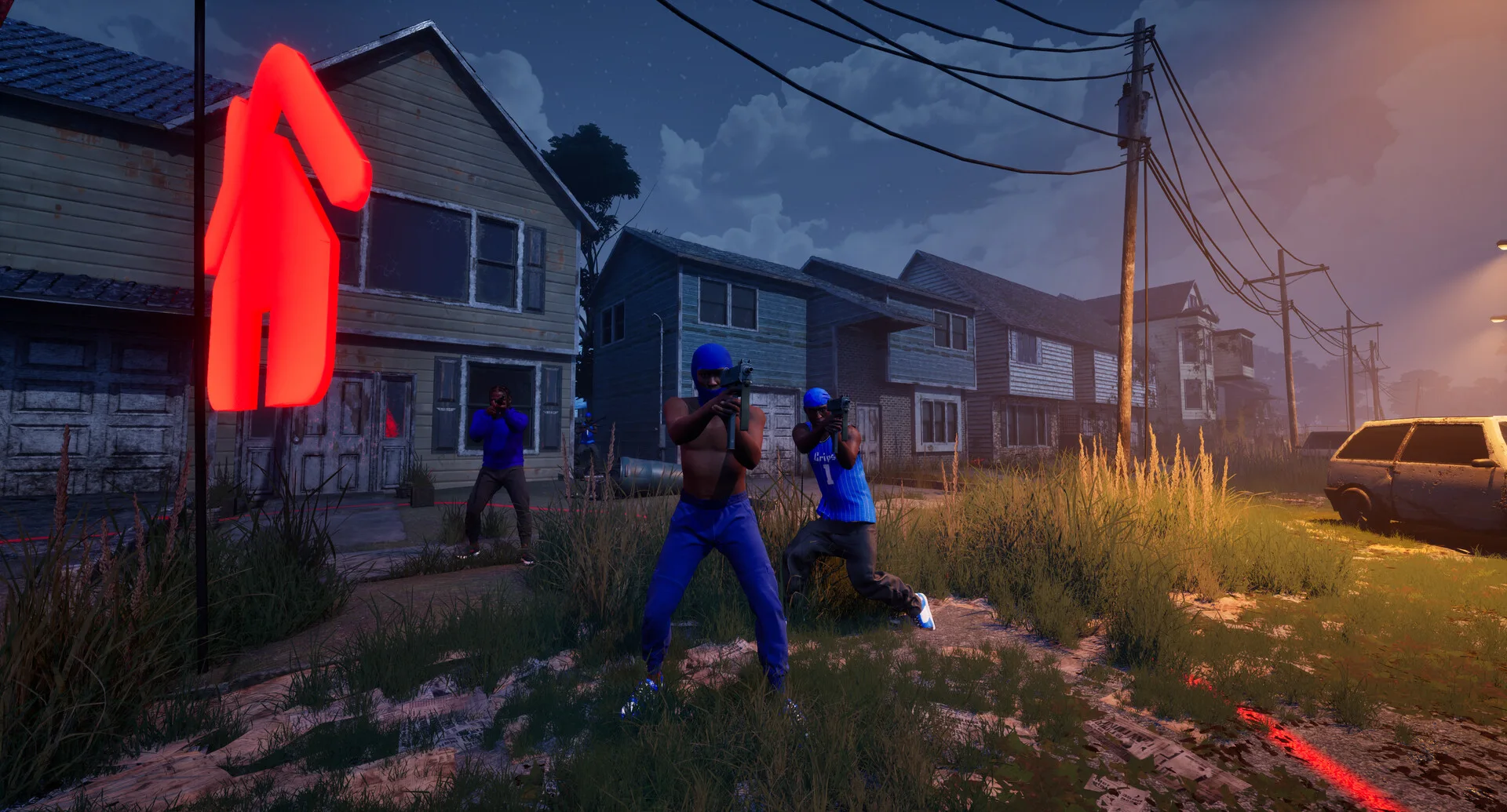 Armed characters near a red objective marker in a residential street