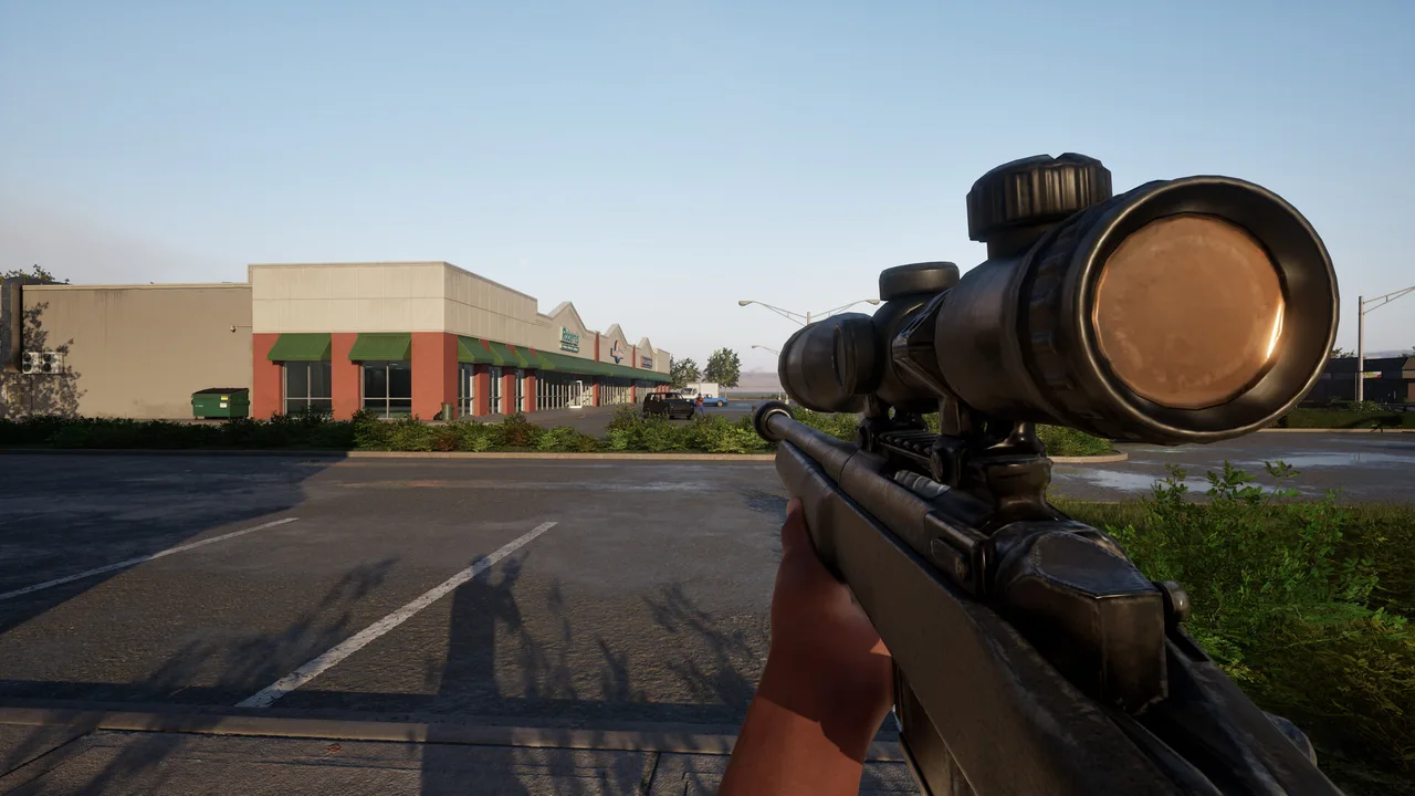 First-person scoped-rifle view across a shop parking lot